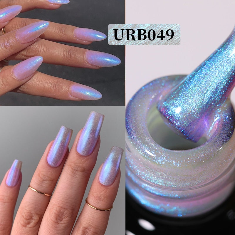 Maytrends Aurora Rubber Gel Nail Iridescent Pearl Effect Metallic Mirror Nails Manicure Soak Off UV LED No Wipe Top Coat Base Gel