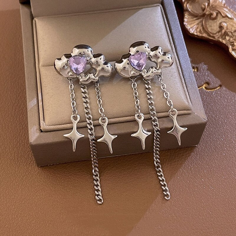 Korean Love Cloud Mang Star Tassel Ear Clip Earrings Without Ear Holes Birthday Party Anniversary Jewelry Gift Accessories