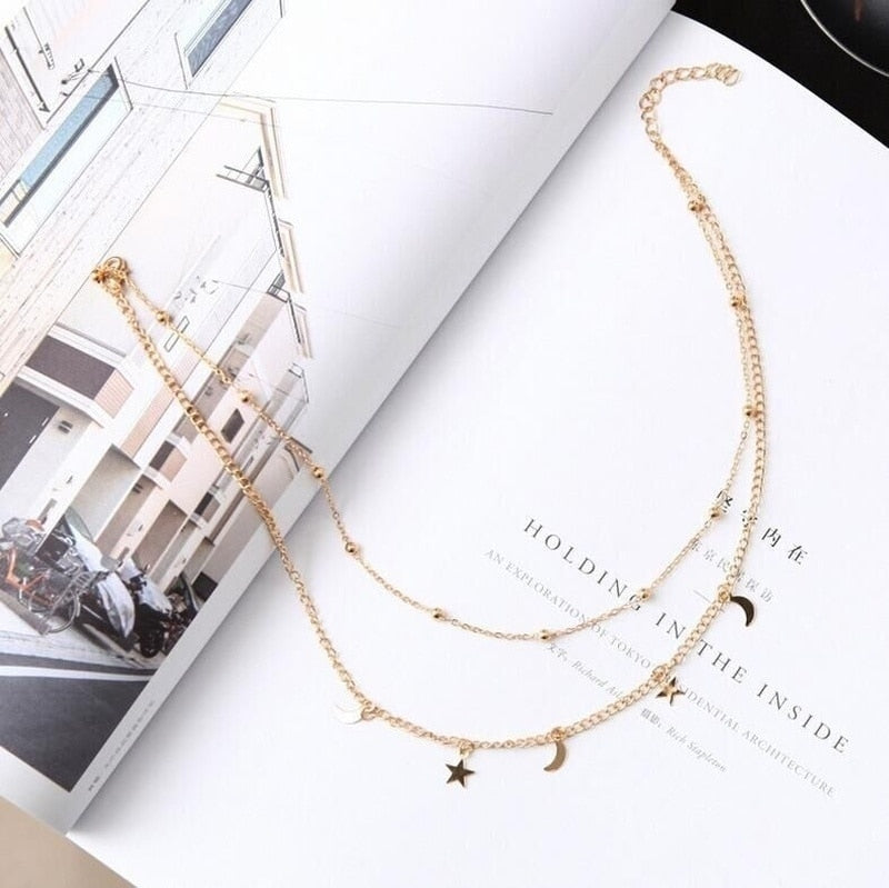 Women Trendy Moon Star Necklace Simplicity Alloy Banquet Bead Pendant for Birthday Party