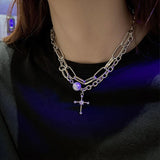 Punk Cross Pendant Chain Necklace for Women Kpop Multilayer Imitation Pearl Choker Necklace Rhinestone Pendant Necklace Jewelry