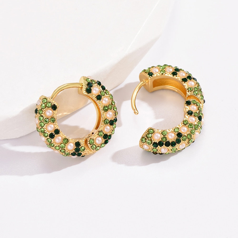 Maytrends New Trendy Multicolour Rhinestone Small Hoop Earrings for Women Crystal Pearl Thick Ear Buckle Huggie Earrings Fashion Jewelry