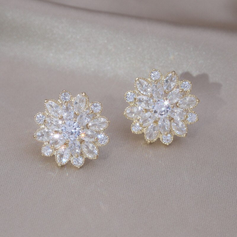 14K Gold Plated Korea New Design Fashion Jewelry Luxury Zircon Flowers Earrings Elegant Women Wedding Party Accessories