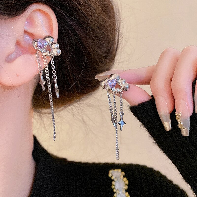 Korean Love Cloud Mang Star Tassel Ear Clip Earrings Without Ear Holes Birthday Party Anniversary Jewelry Gift Accessories