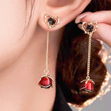 Korean Romantic Diamond Heart Rose Tassel Earrings Black Red Charm Jewelry Birthday Party Anniversary Accessories