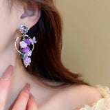 Korean Purple Rose Flower Tassel Dangle Earrings For Women Girls Butterfly Crystal Brincos Female Fashion Jewelry