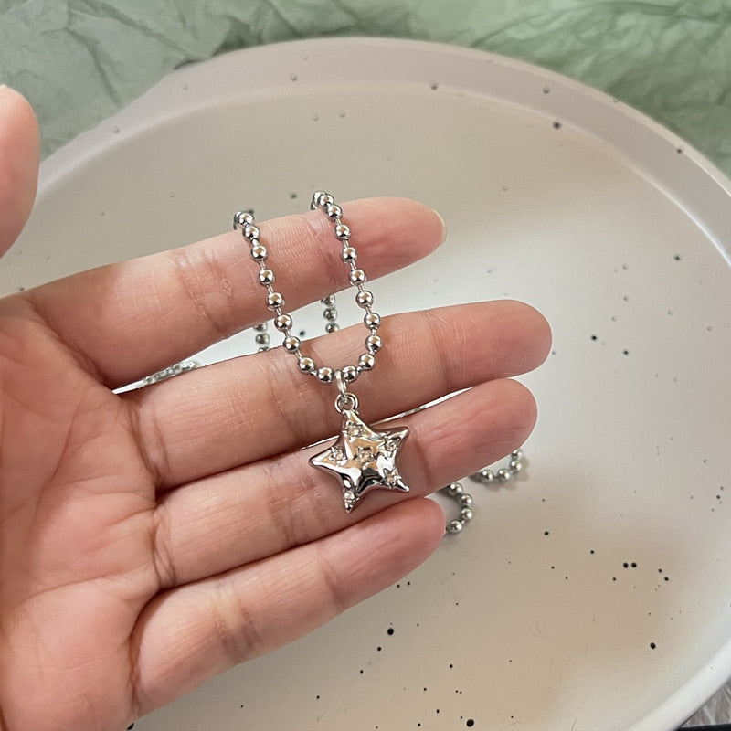 Maytrends Fashion Simple Vintage Antique Silver Color Star Bow Opal Pendant Necklace For Women grunge fairy core 45cm