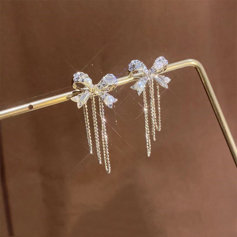 French Romantic Bow Full Of Diamond Pearl Tassel Earrings For Women Korean Fashion Earring Daily Birthday Party Jewelry Gifts