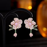 Korea New Design Fashion Jewelry Delicate pink Copper Set Zircon Sweet Flower Earrings Elegant Women's Prom Party Accessories