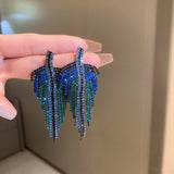 Maytrends Exaggerated Blue Rhinestone Crystal Geometric Flower Long Tassel Earrings for Women Cool Drop Dangling Earring Party Jewelry