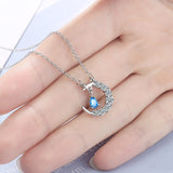 Blue Moonlight Stone Full Diamond Crescent Necklace Female Water Drop Tassel Pendant Collar Chain Birthday Party Accessories