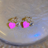 New Korean Pink Zircon Love Peach Earrings Women Sweet Fresh Cute Versatile Earring Fashion Party Jewelry Gifts