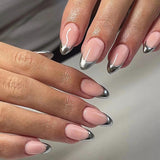 24pcs Almond False Nails for Girls French y2k Sliver Edge Design Nude Color Wearable Press on Nail Tips Full Cover Acrylic Nails