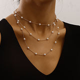 Maytrends Simple Geometric Thin Imitation Pearl Layered Chain Necklace Multilayer Clavicle Chain Necklace For Women Vintage Jewelry