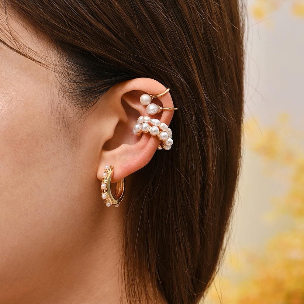 Maytrends New Fashion Pearl Ear Cuff Bohemia Stackable C Shaped CZ Rhinestone Small Earcuffs Clip Earrings for Women Wedding Jewelry