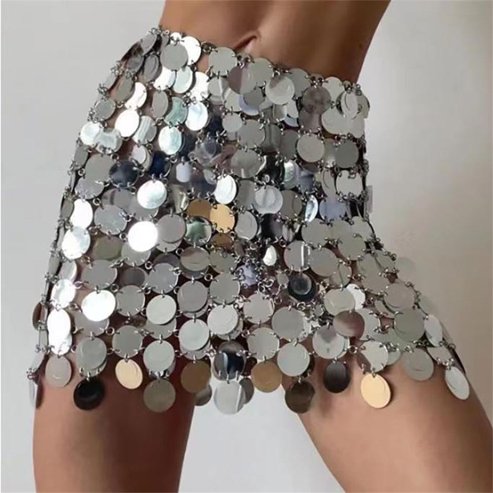 Maytrends Solid y2k Shiny Sequins Sexy Mini Skirt For Women Hollow Out See Through Circular Sequin Outside Streetwear Shiny Lady Skirts