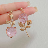 New France Vintage Gold Rose Asymmetric Earrings Women's Pink Transparent Flower Accessories Party Jewelry Gifts