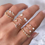 Trendy Exquisite Artificial Blue Red Zircon Heart Flower Ring Set for Women Bohemia Geometric Chain Retro Ring Set Jewelry