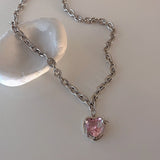 Korean Fashion Vintage Hollow Pink Crystal Heart Pendant Silver Color Chain Neck Necklace For Women Wedding Aesthetic Jewelry