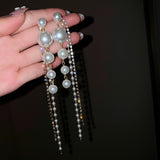 Elegant Temperament Diamond-set Pearl Tassel Long Earrings For Women Korean Fashion Earring Daily Birthday Party Jewelry Gifts