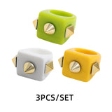 Maytrends 3pcs New Fashion Multicolor Resin Acrylic Geometric Square Ring Set for Women Punk Gold Color Rivet Big Thick Rings Jewelry