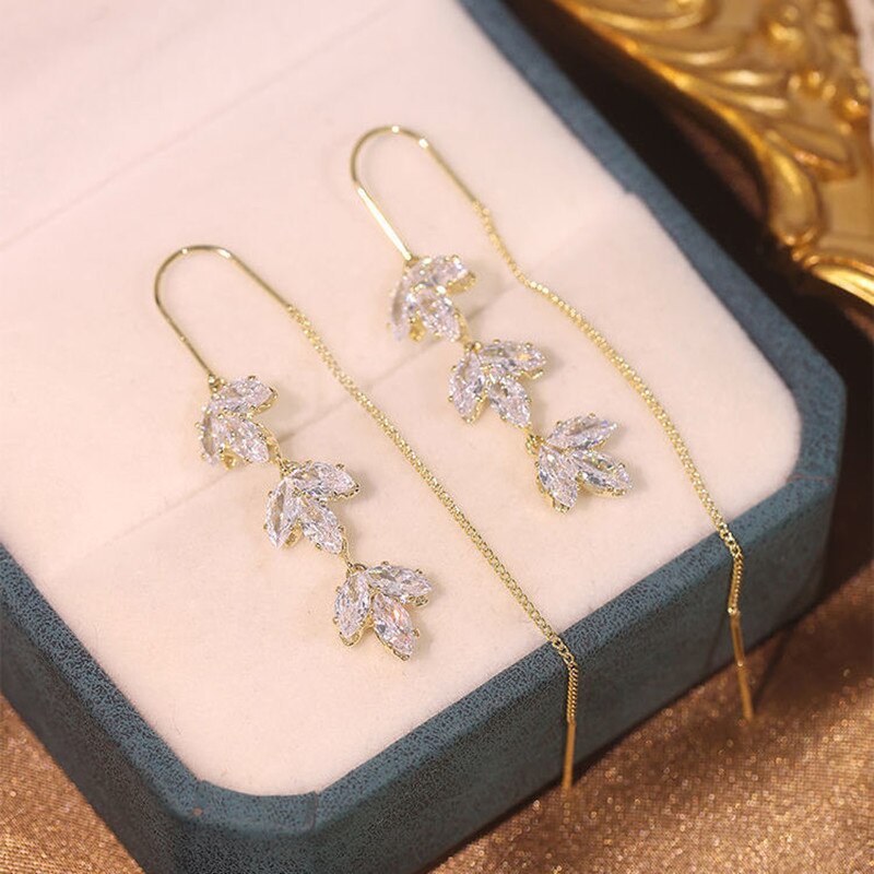 New Golden Maple Leaf Zircon Tassel Long Earrings Women Personality Fashion Earring Wedding Jewelry Birthday Gifts