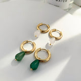 Maytrends Transparent Green Natural Stone Teardrop Earrings for Women Simple Stainless Steel Gold Plated Hoops Huggies Jewelry Gift