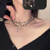 Punk Cross Pendant Chain Necklace for Women Kpop Multilayer Imitation Pearl Choker Necklace Rhinestone Pendant Necklace Jewelry