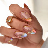Maytrends 24pcs Almond False Nails Glitter Gold Wave Design Summer Colorful Press on Nail Tips Full Cover Wearable Acrylic Nails Patch