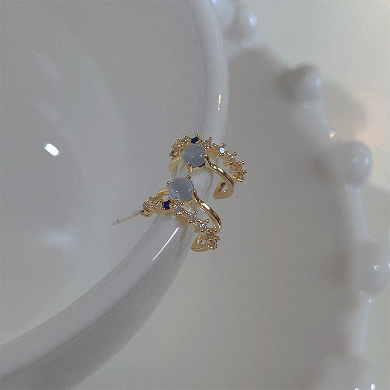 Maytrends Blue Opal Stud Earrings For Women Korean Light Luxury Zircon Pearl Fashion Crystal Imitation Pearl Sweet Earring Girl Jewelry