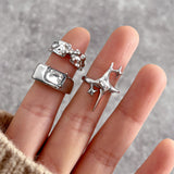 Silver Color Y2K Geometric Star Ring Set Irregular Ziron Crystal Metal Rings New Fashion Trend  Jewelry Party Gifts