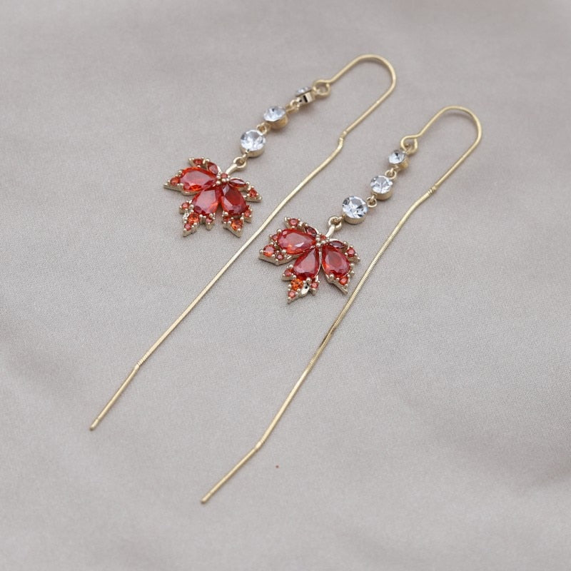 Korea New Fashion Jewelry 14K Gold plated Orange Zircon Maple Leaf Double Pendant Earrings Luxury Women's Party Accessories