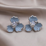 Korea New Design Fashion Jewelry Blue Enamel Oil Drop Flower Zircon Earrings Elegant Women's Daily Work Accessories