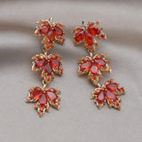 Korea New Fashion Jewelry 14K Gold plated Orange Zircon Maple Leaf Double Pendant Earrings Luxury Women's Party Accessories