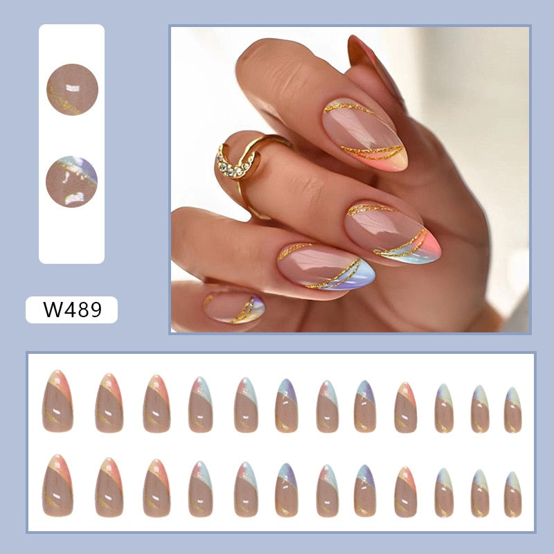 Maytrends 24pcs Almond False Nails Glitter Gold Wave Design Summer Colorful Press on Nail Tips Full Cover Wearable Acrylic Nails Patch