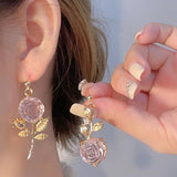 New France Vintage Gold Rose Asymmetric Earrings Women's Pink Transparent Flower Accessories Party Jewelry Gifts