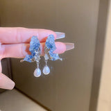 Korean Fashion Blue Crystal Butterfly Dangle Earrings For Women Girls Elegant Pearl Pendant Pendientes Jewelry Gifts