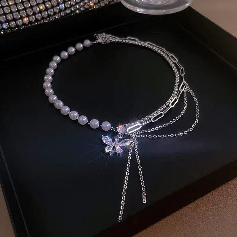 New Fashion Pearl Zircon Butterfly Tassel Necklaces Women Design Light Luxury Senior Sense Pendant Necklace Party Jewelry Gift