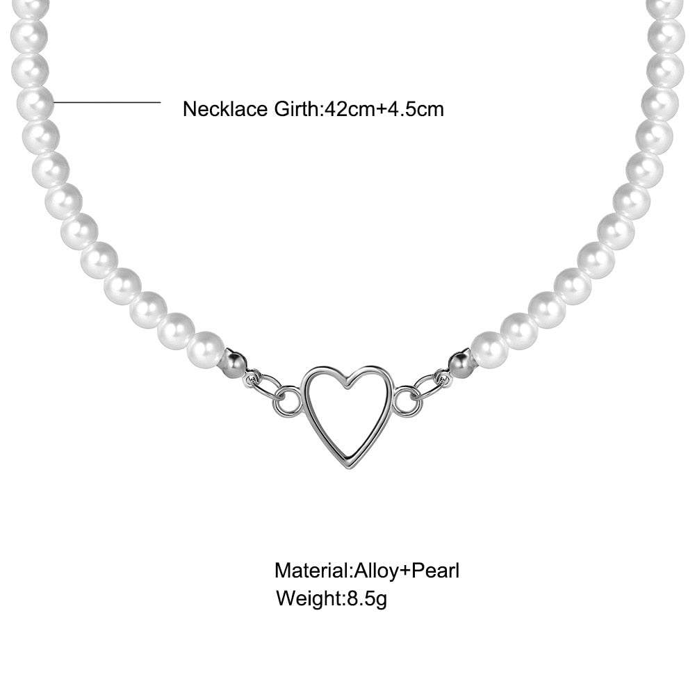 Maytrends French Vintage Pearl Chain Necklace For Women Fashion Silver Color Lover Heart Choker Simple Women Collar Ladies Jewelry Gift
