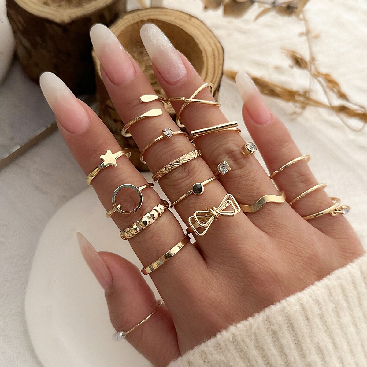 Maytrends Bohemian 17Pcs Gold Color Wave Flower Rings Set For Women Vintage Geometric Cross Finger Ring Trendy Jewelry Gift