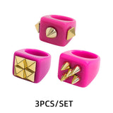 Maytrends 3pcs New Fashion Multicolor Resin Acrylic Geometric Square Ring Set for Women Punk Gold Color Rivet Big Thick Rings Jewelry