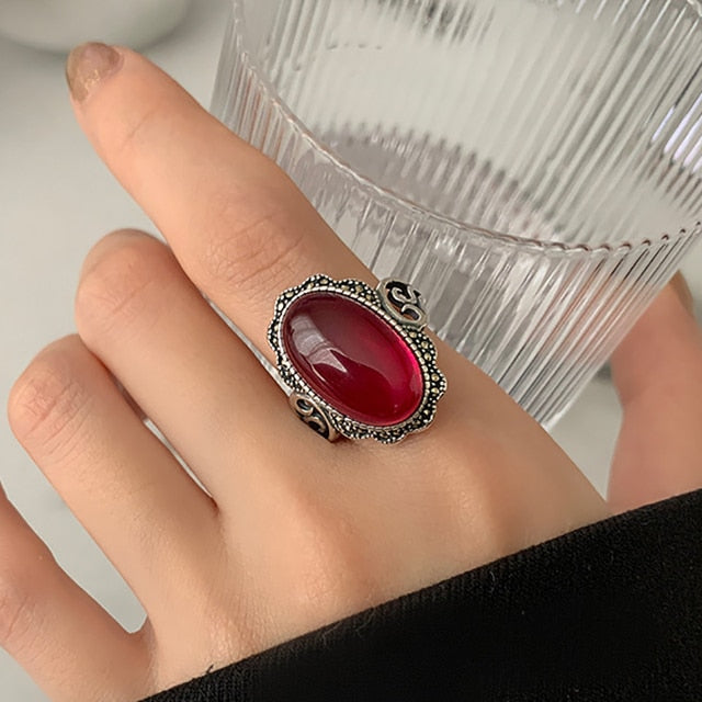 Maytrends Silver Color Red Zircon Ring for Women Trendy Elegant Hollow Geometric Vintage Handmade Luxury Ring Party Jewelry