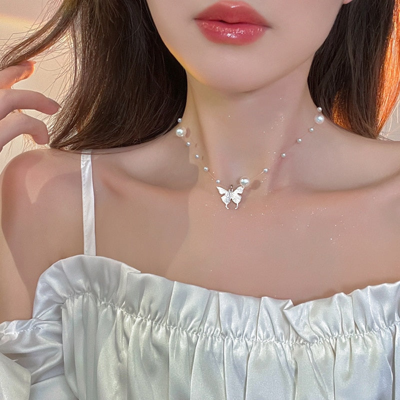 Imitation Pearl Butterfly Necklace Female Fashion Necklace Hundred Match Collarbone Chain Party Birthday Gift Jewelry
