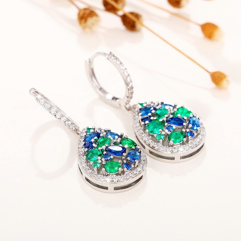 Vintage Women Drop Earrings with Blue/Green Cubic Zirconia Temperament Female Ear Accessory for Party Anniversary Jewelry