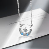 Blue Moonlight Stone Full Diamond Crescent Necklace Female Water Drop Tassel Pendant Collar Chain Birthday Party Accessories