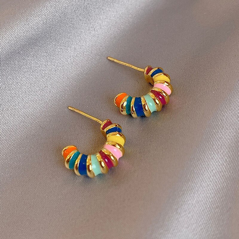 Korean new design fashion jewelry 14K gold plated simple enamel color semicircle earrings elegant women's daily work accessories