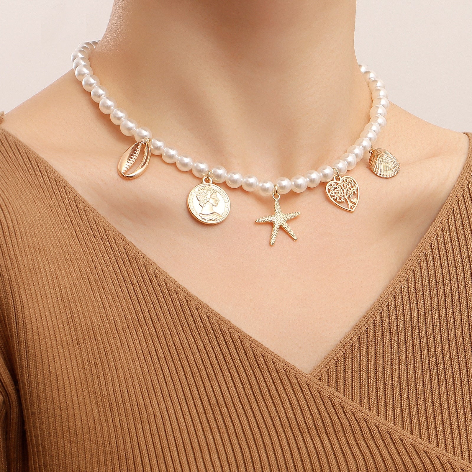 Maytrends Vintage Imitation Pearl Chain Choker Necklace For Women Fashion Starfish Shell Conch Pendant Collar Women Party Jewelry