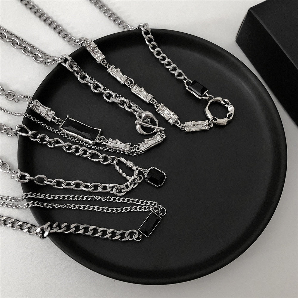 Maytrends Punk Black Crystal Pendant Necklace for Women Men Trendy Personality Stainless steel Chain Necklace Goth Emo Grunge Jewelry