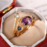 Punk Snake Set Rings for Women with Charming Purple Oval Cubic Zirconia Retro Girls Finger Accessories Party Jewelry Gift