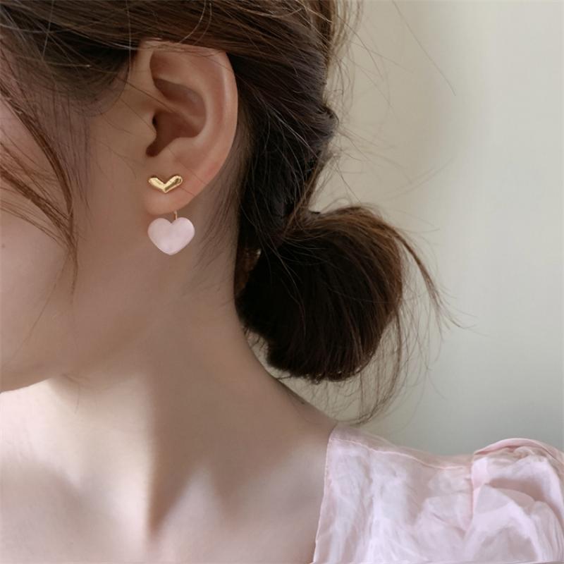Cute Heart Drop Earrings for Woman with Pink Opal Gold Color Teens Unusual Korean Hanging Earrings Trend Fashion Accessory