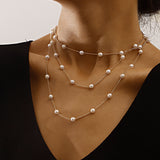 Maytrends Simple Geometric Thin Imitation Pearl Layered Chain Necklace Multilayer Clavicle Chain Necklace For Women Vintage Jewelry